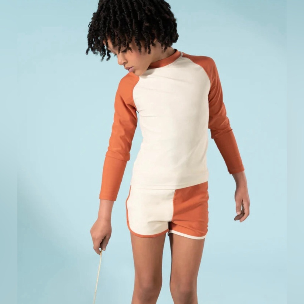 Kids Toddler Baby 24M Rashguard & Swim Shorts Set Unisex Cream Burnt Orange NWT